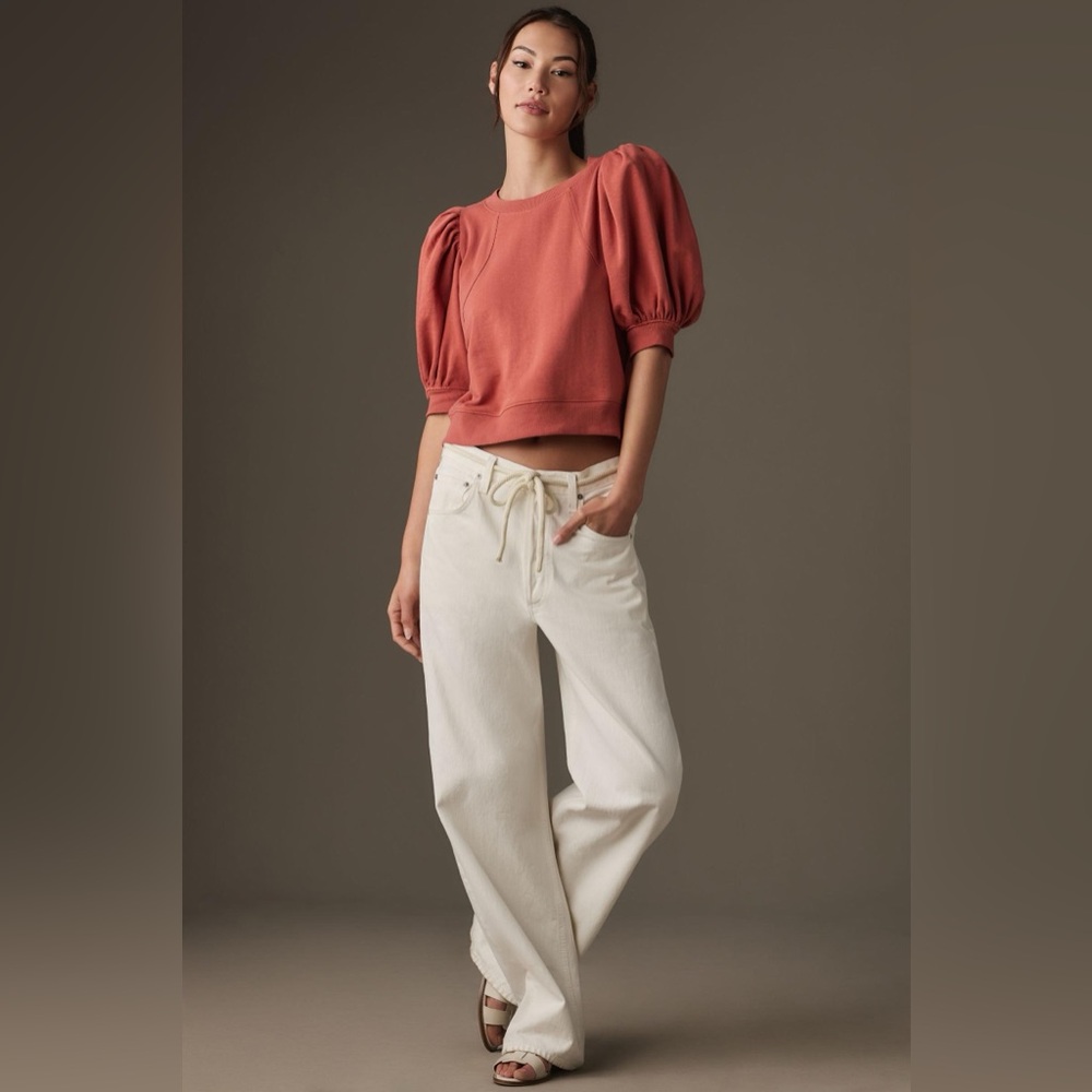Maeve Rust Puff-Sleeve Cropped Sweatshirt